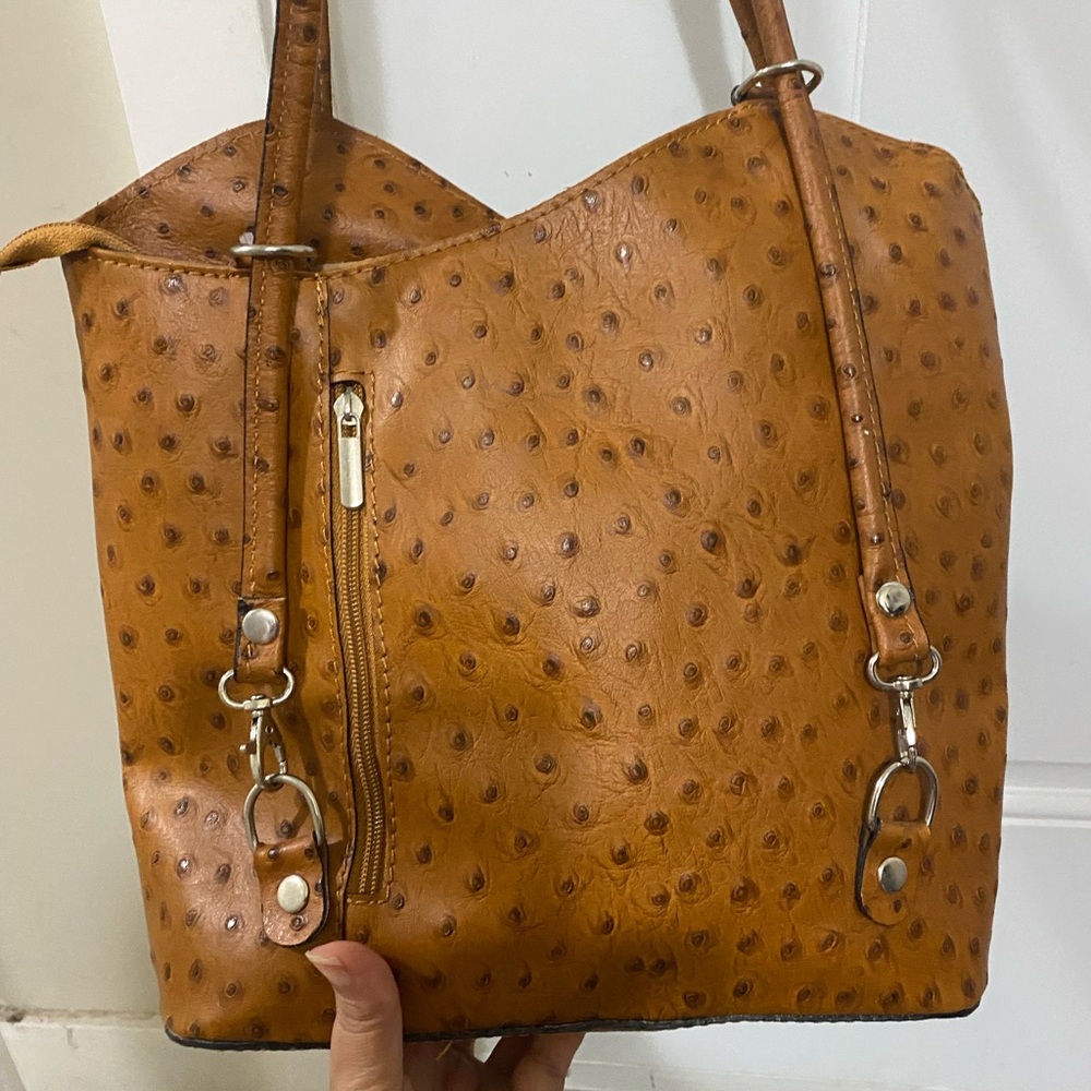 genuine leather Tan Ostrich-Embossed Tote Bag with Front Zip made in italy